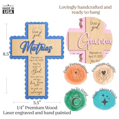 SugoiDesign Personalized Baptism Cross Gifts for Girls Boys | Custom Wooden Cross for Wall | Baby Boy Baptism Gift | Catholic Baptism Keepsake | First Communion Cross Decor Personalized Wood Cross