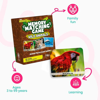 Menique Wild Animals Memory Matching Game – 80 Cards (40 Pairs) with Real Photos – Includes Educational Booklet with Animal Facts – Fun & Cognitive Game for Kids and Adults - style: Wild Animals