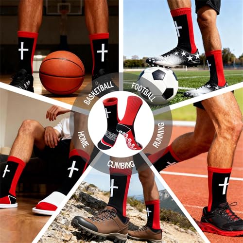 3 Pairs Cross Socks with Bible,Philippians 4: 13 Christian Socks US 6-13, Grip Sport Sock for Football, Soccer, Gym - color: Black Red
