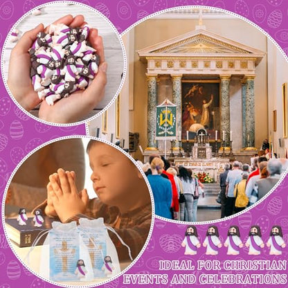 Barydat 75 Set Purple Mini Jesus Figures with Prayer Cards and Organza Bags - color: Purple