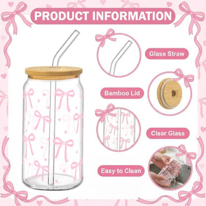 Drinking Cups with Lids, 12Pack, Glass, 16oz, Iced Coffee Coquette - style: 12Pcs Pink Bow