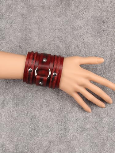 GelConnie Punk Leather Cuff Bracelet Adjustable Straps Wrap Bracelets Arm Armor Cuff Gothic Leather Wristbands for Men, Women - color: MLPB102-Red
