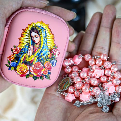 Rosary Beads Catholic for Women - Pearl Beads with Classic Cross, Virgin Mary Zippered Prayer Box, First Communion Gifts, Baptism Confirmation Jewelry - color: Guadalupe-Pink