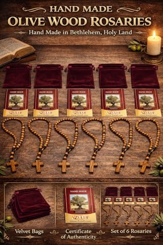 Zuluf Olive Wood Catholic Rosary Set of 6 - Holy Land Israel Wooden Prayer Beads with Traditional Cord & Wooden Cross, Bulk Religious Rosaries for Church, Sacraments, Baptism, Confirmation, Rosarios Católicos