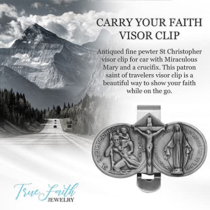 True Faith Jewelry Pewter Jesus Crucifix, Miraculous Mary and St Christopher Visor Clip for Car, Patron Saint of Travelers, Gift for New Driver, Fine Pewter (92% Tin), 1-3/8 x 2-3/8 Inch - size: Crucifix 1