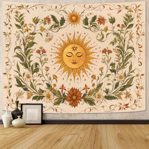 Haibimen Sun Boho Tapestry Green and Yellow Bohemian Flower Tapestry for Bedroom Vintage Floral Tapestries Wall Hanging for Living Room, Bedroom, Dorm (Yellow 1, 60''×44'') - color: yellow 1, size: 60"L x 44"W