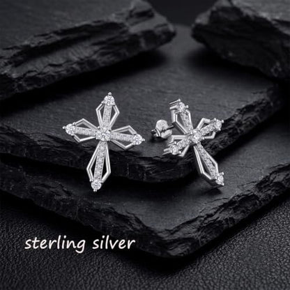 Sterling Silver Dainty Cross Earrings For Women, Christian Religious Faith Cubic Zirconia Stud Earrings - color: white