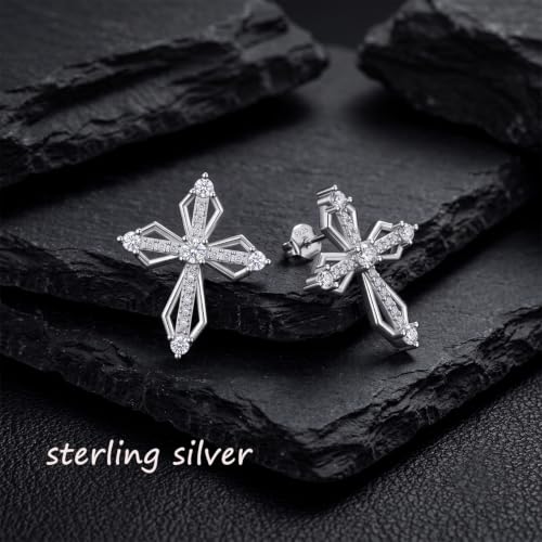 Sterling Silver Dainty Cross Earrings For Women, Christian Religious Faith Cubic Zirconia Stud Earrings - color: white