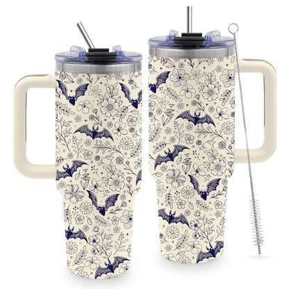 40 Oz Halloween Tumbler, Beige Bat Goth Water Bottle with Handle & Straw - color: Beigebat-Wite