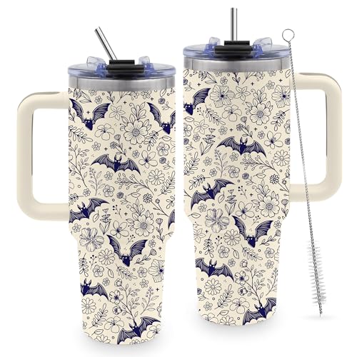 40 Oz Halloween Tumbler, Beige Bat Goth Water Bottle with Handle & Straw - color: Beigebat-Wite