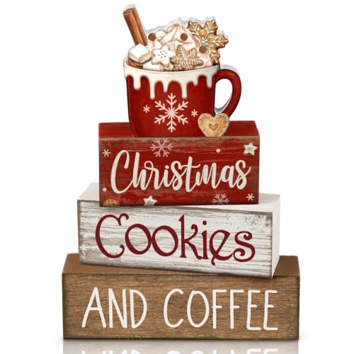Lineshading 4 Pcs Christmas Coffee Table Decor, Hot Cocoa Wood Block Signs - style: Christmas Cookies and Coffee
