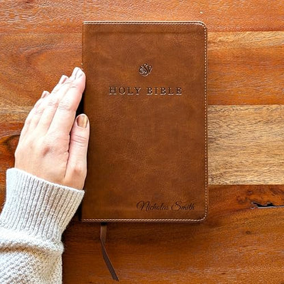 Personalized ESV Premium Church Bible, Large Print – Brown TruTone Faux Leather | Custom Name Engraved | English Standard Version with 10 pt Font, Ribbon Marker & Smyth-Sewn Binding (Name Only)