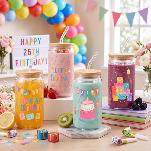 Glass Cups with Lids and Straws, 4Pack, 16oz, Birthday Party - color: Happy Birthday