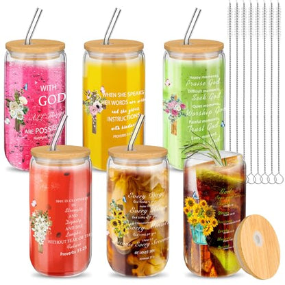Maxcheck 6 Set Christian Gift Faith Floral Glass Cups with Lids and Straws - style: Floral