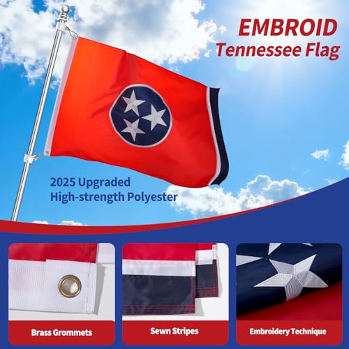 Tennessee flag for outside 3x5 Ft, Embroidered, Brass Grommets - size: 3x5Ft