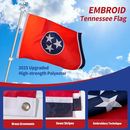 Tennessee flag for outside 5x8 Ft, Embroidered, Brass Grommets - size: 5x8Ft