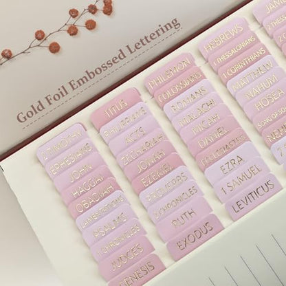 Laminated Bible Tabs for Women and Men, Gold Foil Embossed Lettering - style: Pink