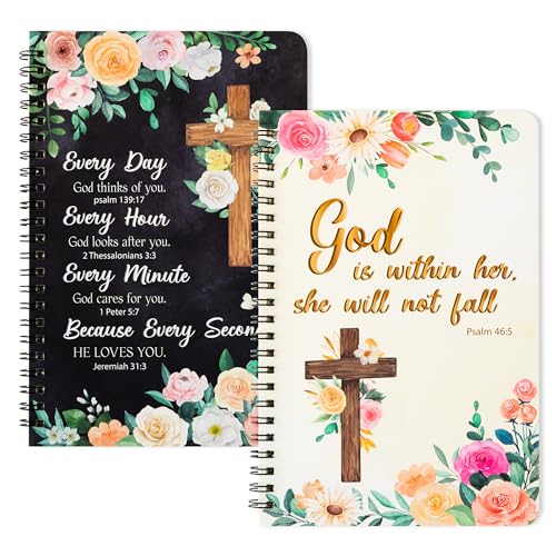 Xqumoi 2Pack A5 Floral Cross Religious Spiral Notebooks, She Will Not Fall Bible Verse Ruled Journal Writing Hardcover Notebooks Christian Christmas Gift Sunday School Office Supplies - style: A-Floral Cross