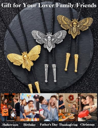 Western Cowboy Bolo tie for Men Women Gold Silver Death Skull Moth Cross Bolo Tie Christmas Deer Rooster Wolf Necktie Gift - color: 1# Gold Death Moth