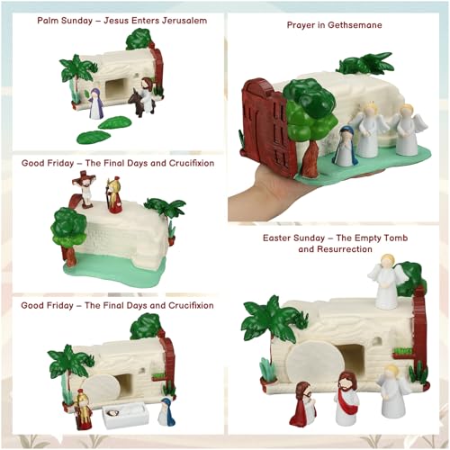 Novabright 14 Pcs Religious Easter Decorations Tells The Story of Easter, Resin Jesus Resurrection Scene Empty Tomb Holy Week Gifts He is Risen Storytelling Figurines for Christian Table Centerpiece