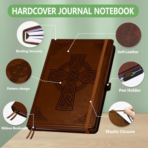 A5 Debossed Cross Leather Journal, 300 Pages Lined Notebook, Brown Vintage Pattern Hardcover Notebook for Travel Diary, Business, Work and School Daily Writing - style: Cross