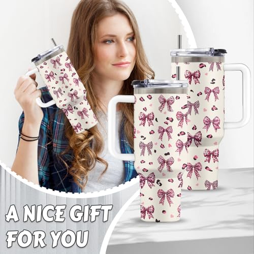 Bow Knot 40oz Tumbler, with Handle & Straw, Stainless Steel Cup - color: Bow Knot