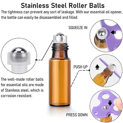 Easytle Essential Oil Roller Bottles, 24 Pack Amber Glass Balls Roller Bottles 5ml for Essential Oils, Roll on Bottle (96 Pieces Labels, 4 Funnels, 4 Dropper, 2 Opener)