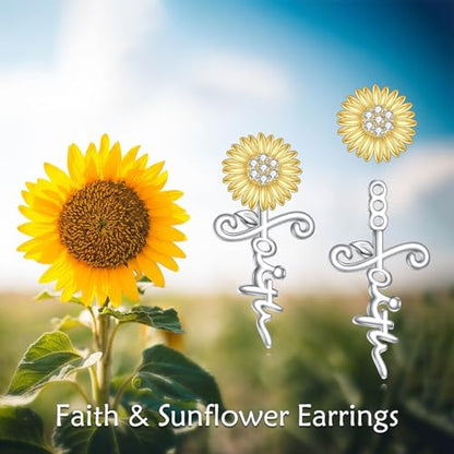 POPLYKE Faith Cross Flower Stud Earrings for Women Sterling Silver Dangle Earring Jewelry Gifts for Women Mom Wife - style: Sunflower