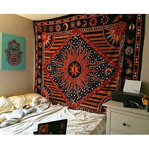 Popular Handicrafts Wall Hanging Tapestry For Bedroom Hippie Burning Sun and Moon Meditation Bohemian Hippy Psychedelic Design Indian Tapestries Bedspread 90 x 108 inches (230cm x 270cm) Green - color: Golden, size: 108"L x 90"W
