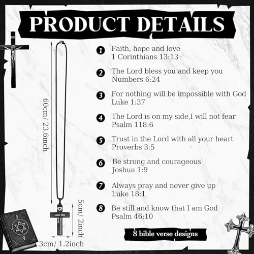 Ecally 8 Pcs Christian Cross Necklace for Men Father Religious Black Silver Stainless Steel Cross Church Gift USA Flag Chain - color: Black