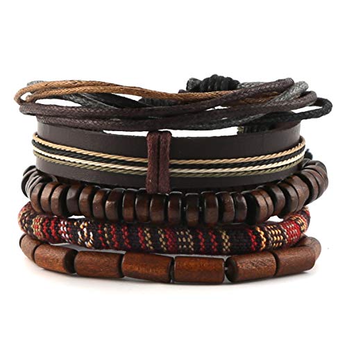 HZMAN Handmade Hemp Cords Wood Beads Leather Bracelets for Men Women - style: Classic Style