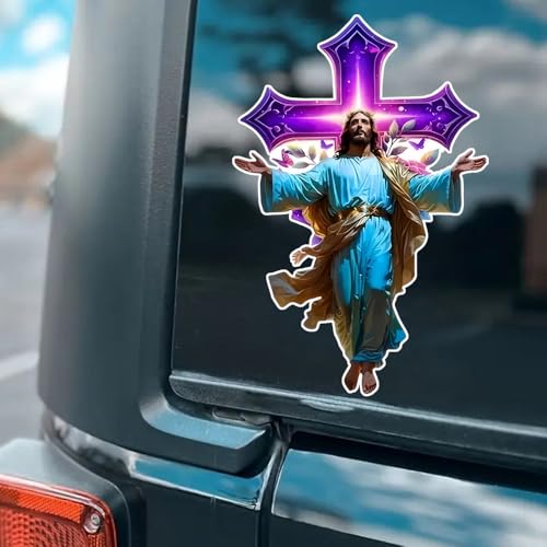 2 Pack Jesus Christ Purple Cross Car Decals, 3.54"x5.51" Waterproof & UV Resistant Vinyl Religious Sticker for Bumper Window, Christian Wall Art Decor for Home - BD187