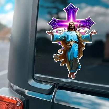 2 Pack Jesus Christ Purple Cross Car Decals, 3.54"x5.51" Waterproof & UV Resistant Vinyl Religious Sticker for Bumper Window, Christian Wall Art Decor for Home - BD187