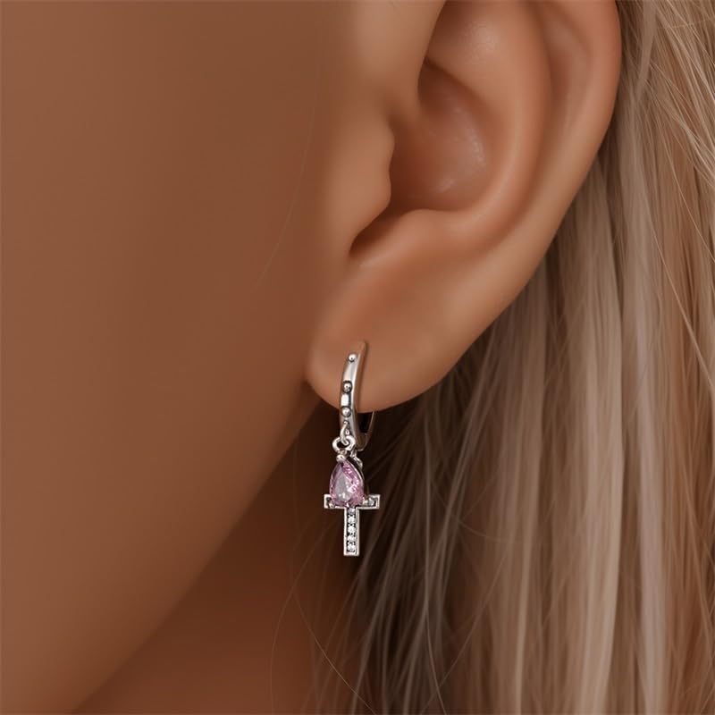 925 Sterling Silver Cute Animal Unique Huggie Hoop Earrings for Women - color: Pink Cross