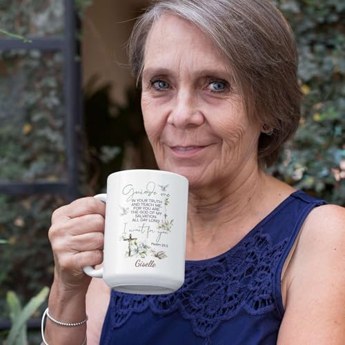 Flower And Cross Accent Cup, Custom Name Religious Mug, Christian Themed Cup 11oz 15oz, Personalized Bible Coffee Mug, Gift For Women On Holiday, Customized Christian Ceramic Mug - color: XUA-624-2341-Guide Me Psalm