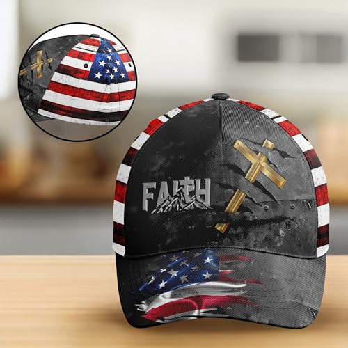 American Flag Christian Trucker Hat for Men Women, Adjustable Snapback Baseball Cap USA Pride Hat Religious Gifts - color: Black Red White Faith