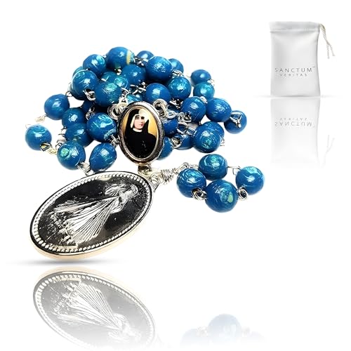 SANCTUM VERITAS Saint Faustina Kowalska True Relic Chaplet Apostle Divine of Mercy Miraculous Medal Jesus I Trust in You Chaplet Three O' Clock Prayer Poland Polish Novena - color: Blue