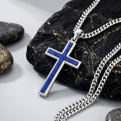 MRENITE Silver Natural Stone Cross Necklace, Classic Latin Cross Pendant Necklace for Unisex Women Man, Vintage Crystal Quartz Cross Necklace with 20+2 Inches Adjustable Cuban Chain - style: Lapis