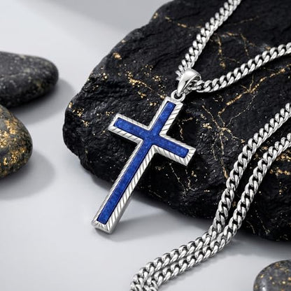 MRENITE Silver Natural Stone Cross Necklace, Classic Latin Cross Pendant Necklace for Unisex Women Man, Vintage Crystal Quartz Cross Necklace with 20+2 Inches Adjustable Cuban Chain - style: Lapis