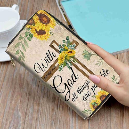 Christian Cross Quote Bible Verse Matthew 19:26 Print Wallet for Women Large Capacity Wallet Credit Card Holder PU Leather Zipper Clutch Purse Phone Wallet - color: Christian Cross Quote Bible Verse Matthew 19:26