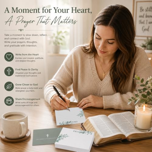 100 Pcs Lined Prayer Cards - 4x3 Christian Note Cards with Sage Green Botanical Art - 250GSM Matte Paper Boxed Set for Church, Small Group & Prayer Requests - color: SAGE GREEN