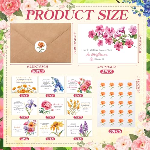50 Sets Floral Christian Greeting Cards Bulk with Envelopes Stickers Mothers Day Scripture Cards with Bible Verses Inspirational Religious Thinking of You Card for Women Church Blessing Gift - style: Floral