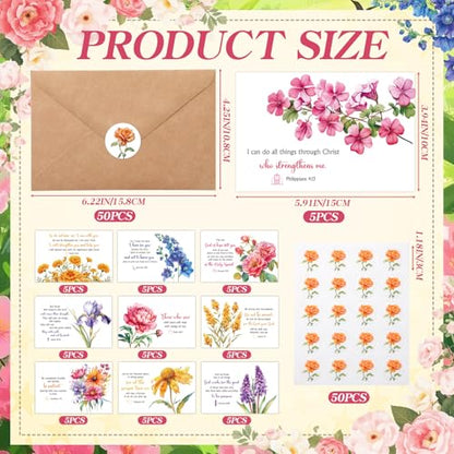 50 Sets Floral Christian Greeting Cards Bulk with Envelopes Stickers Mothers Day Scripture Cards with Bible Verses Inspirational Religious Thinking of You Card for Women Church Blessing Gift - style: Floral