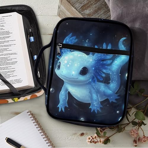 Coldinair Blue Axolotl Bible Cover for Kids Boy,Protective Book Cover Bible Case Carrier Carrying Organizer Purse Handbag with Zipper Pockets Church Bag - color: Blue Axolotl