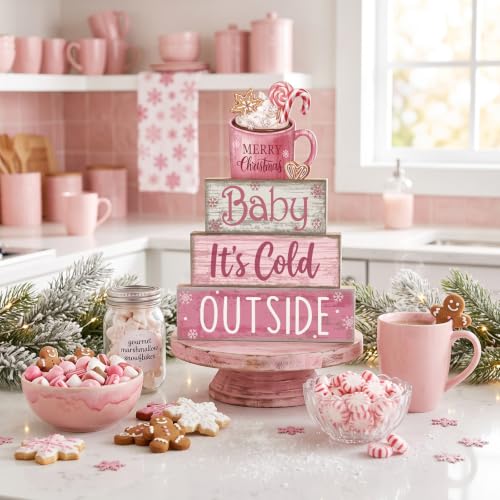 Moucuny 4 Pcs Pink Christmas Table Decor Wooden Hot Chocolate Cocoa Decor - style: Baby, It’s Cold Outside