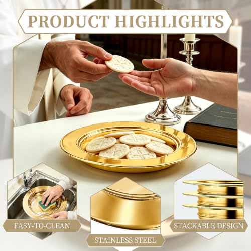 Communion Bread Tray for Churches, Round Stainless Steel Bread Plate for Wafers, Church Supplies Serving Tray for Communion and Altar Service, 1Pcs Gold Base Bread Tray - color: Gold