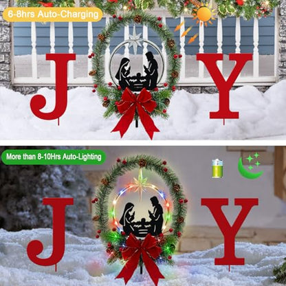 3Pack Solar Lights Christmas Joy Sign,Metal Nativity Scene Outdoor Garden - color: Red-joy