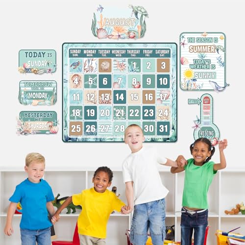 Cholemy 85 Pcs Ocean Classroom Calendar with Numbers, Watercolor Ocean - style: Watercolor Ocean