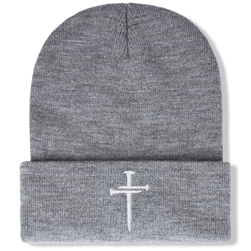 Christian Jesus Cross Beanie - Faith Winter Beanie Hats for Men Women - Religious Gifts for Christmas & New Years - color: Three Nails Cross/Grey
