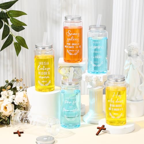LemonRoad 20 Pack Christian Gift Religious Cups Bulk 13.5 oz Bible Verse Plastic DIY Mason Jar Cups with Straw Lid Reusable for DIY Craft Church Coworker Employee Gift Decoration(Spanish) - style: Spanish